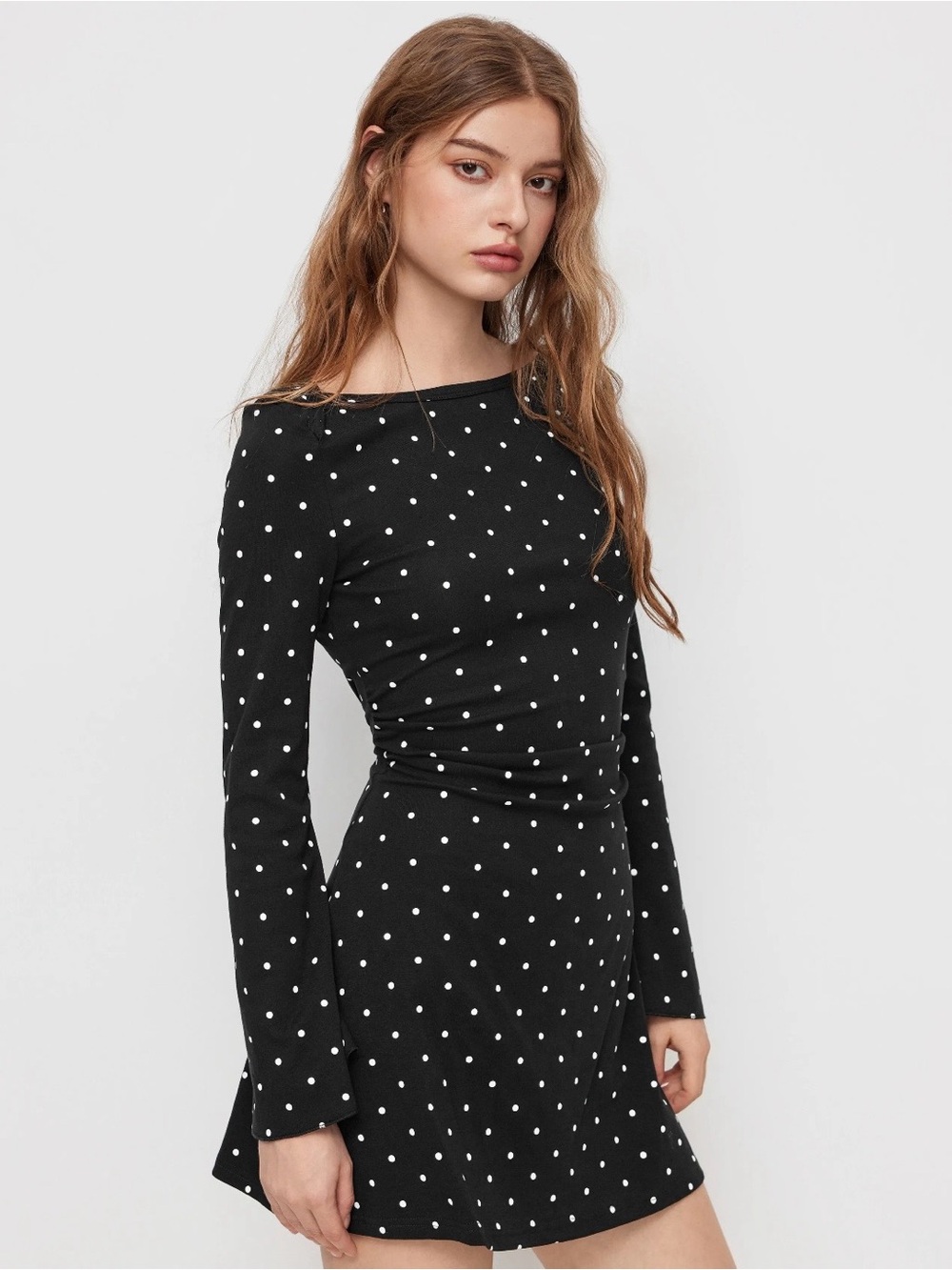 CIDER COTTON-BLEND BOAT NECK POLKA DOT RUCHED BELL SLEEVE MINI DRESS